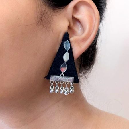 Black And Silver Mirror Triangular Studs Earrings For Women